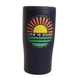 Life Is Good Insulated 4-1 Slim Can Cooler Navy Blue Sun Wave Graphic 12 Hr Cold